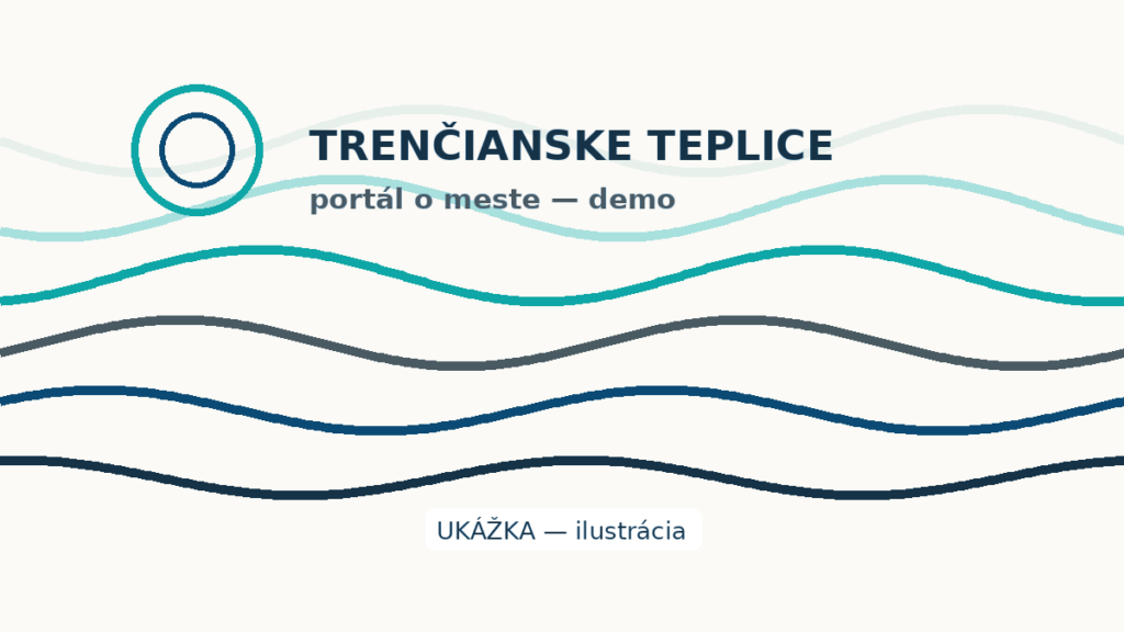 Abstraktná vrstvená modro-tyrkysová vlnová grafika s názvom mesta — ilustračný úvodný obrázok portálu.
