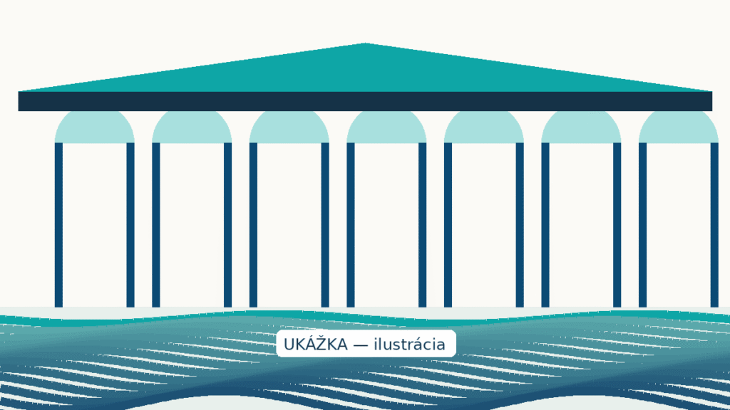 Štylizovaná ilustrácia radu kolonádových oblúkov nad vodnou plochou — abstraktný symbol kúpeľnej architektúry, nie fotografia konkrétnej stavby.