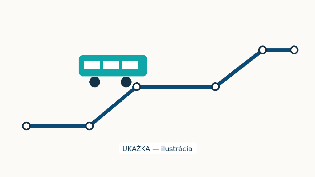 Schématická ilustrácia dopravnej trasy so zastávkami a štylizovanou električkou — infografika, nie fotografia.